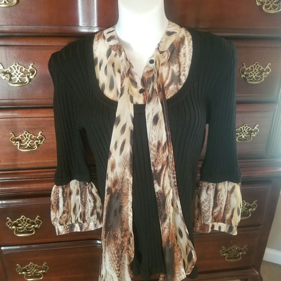 August Silk black sweater w leapoard bow blouse look - size M - Picture 4 of 8